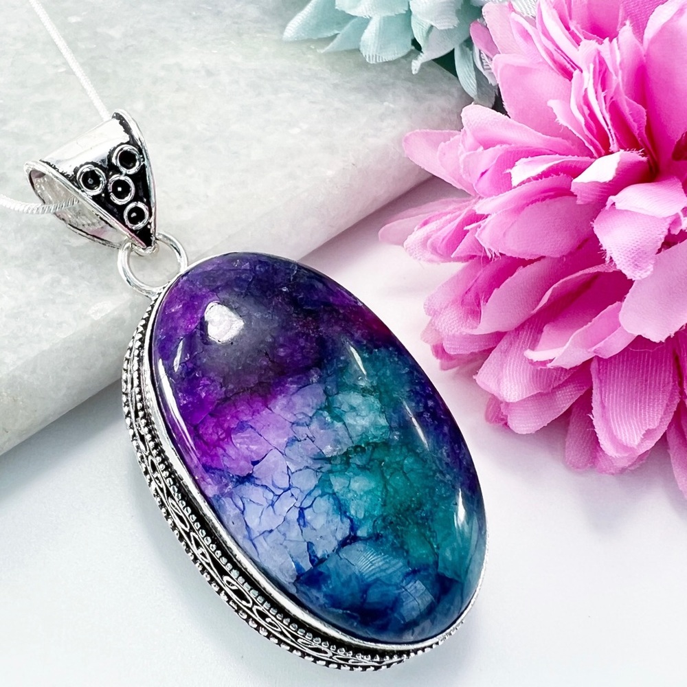 New Rainbow Solar Quartz Oval Pendant in 925 Stamped Sterling Silver setting.